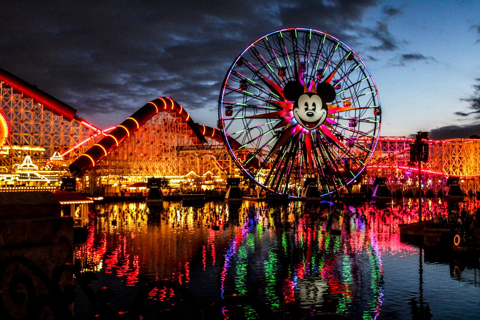 Downtown Disney District walkway at dusk